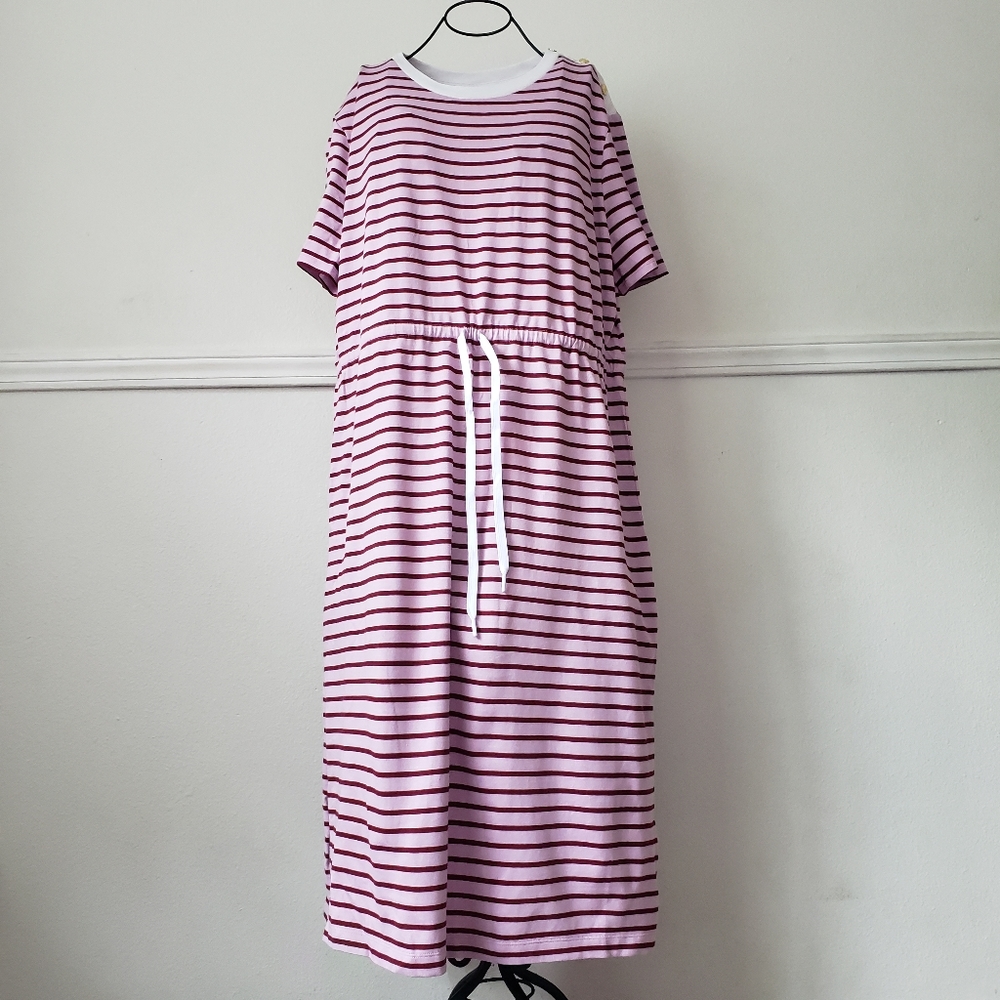 Draper James XL Midi Dress 100% Cotton T Shirt Tie Waist Knit Stripe Stretch NWT